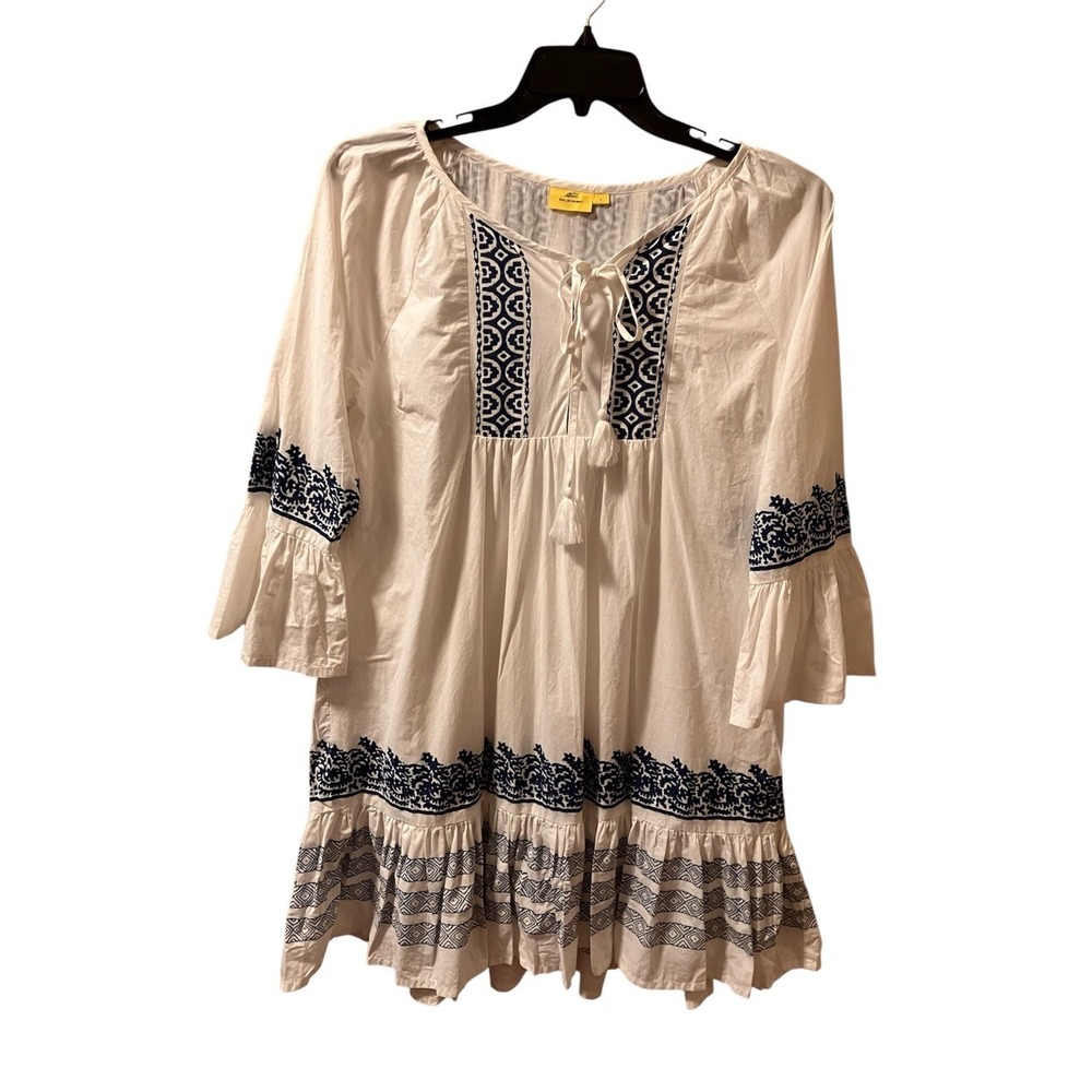 Roller Rabbit Mona Dress White Blue Border Maricruz Sz L Boho Flare - Picture 2 of 9